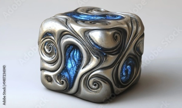 Fototapeta Silver cube with blue glowing swirls, abstract art, studio lighting, digital artwork, for sci-fi backgrounds