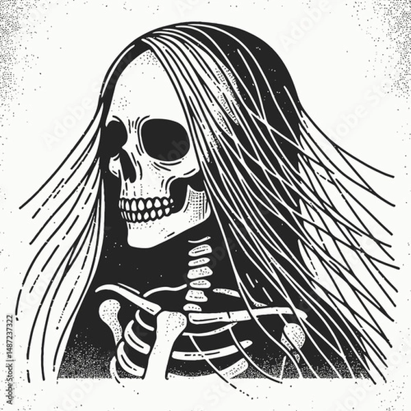 Obraz Skeleton wearing a ghostly veil. Halloween Skull Bones Anatomy Skeletal Clipart Line Art Vector Illustration. Bony figure in phantom shroud an eerie image spectral apparition.