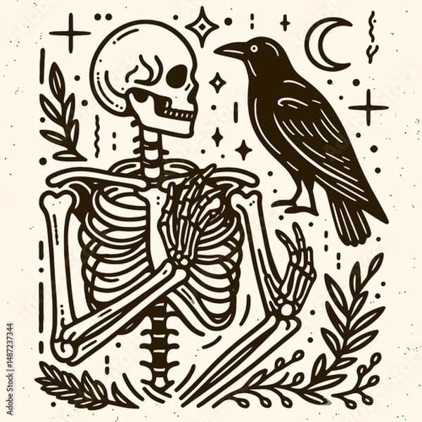 Obraz Skeleton with a crow on its shoulder. Halloween Skull Bones Anatomy Skeletal Clipart Line Art Vector Illustration. Bony frame raven upon upper area spooky spectral concept.
