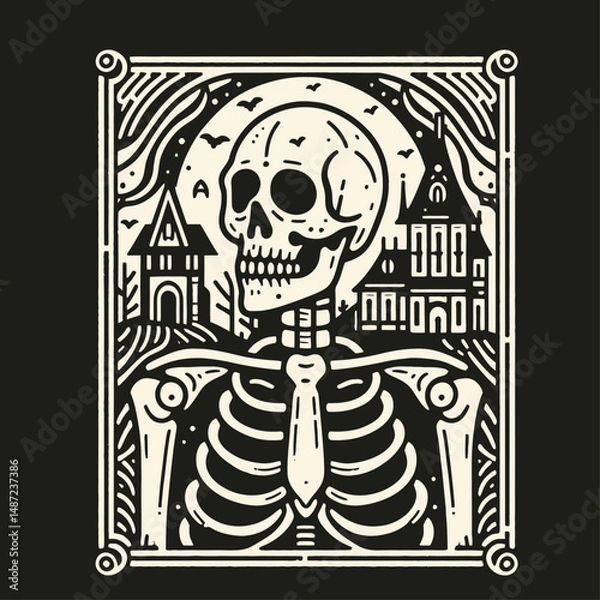 Obraz Skeleton with a haunted mansion in the background. Halloween Skull Bones Anatomy Skeletal Clipart Line Art Vector Illustration. Boney figure before spooky edifice fright night scene concept.