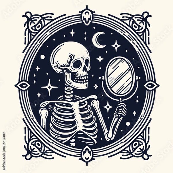 Obraz Skeleton with a haunted mirror. Halloween Skull Bones Anatomy Skeletal Clipart Line Art Vector Illustration. Bony figure before an eerie looking glass specter reflection concept.
