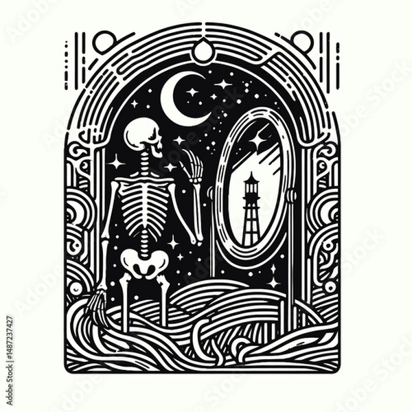 Obraz Skeleton with a haunted mirror. Halloween Skull Bones Anatomy Skeletal Clipart Line Art Vector Illustration. Bony figure before phantasmal reflector eerie phantom image within ancient.