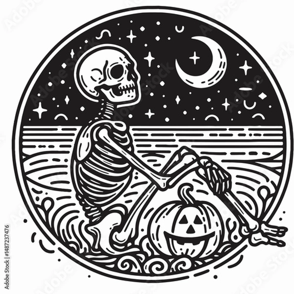 Obraz Skeleton with a pumpkin head. Halloween Skull Bones Anatomy Skeletal Clipart Line Art Vector Illustration. Bony figure sporting gourd cranium autumnal mystic image for october.