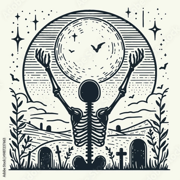 Obraz Skeleton with a spooky graveyard background. Halloween Skull Bones Anatomy Skeletal Clipart Line Art Vector Illustration. Bony form amid grim cemetery vista horror scene backdrop.
