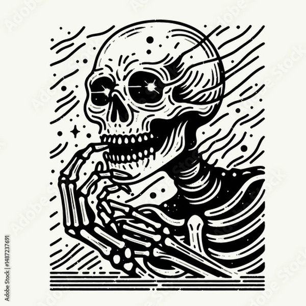 Obraz Skeleton with eerie glowing eyes. Halloween Skull Bones Anatomy Skeletal Clipart Line Art Vector Illustration. Boney figure phantom radiance haunting glare macabre decor.