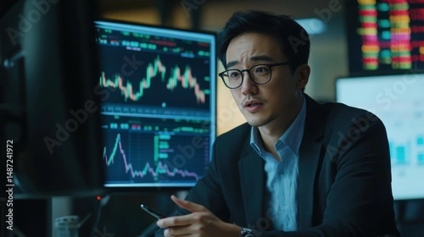 Fototapeta Asian businessman talking about stock market investment and graph from tv screen with broker trader, giving money plan management and analysis