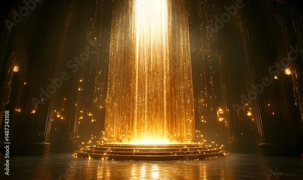 Fototapeta Golden light beam shines down on a circular stage in a grand hall with classical pillars