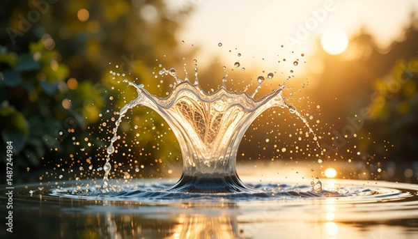 Fototapeta Golden Hour Water Splash: Dynamic Crown Formation with Sunlit Bokeh and Ripples Evoking Freshness, Purity, and the Beauty of Nature's Transient Movement.

