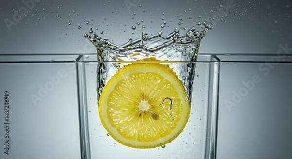 Obraz Lemon slice plunging into refreshing clear water creates dynamic splash