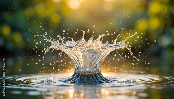 Fototapeta Golden Hour Water Splash: Dynamic Crown Formation with Sunlit Bokeh and Ripples Evoking Freshness, Purity, and the Beauty of Nature's Transient Movement.

