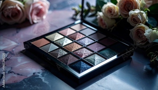 Obraz A pearlescent eyeshadow palette placed on marble
