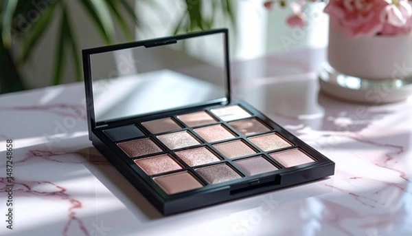 Obraz A pearlescent eyeshadow palette placed on marble
