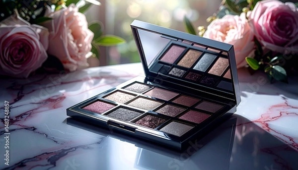 Obraz A pearlescent eyeshadow palette placed on marble
