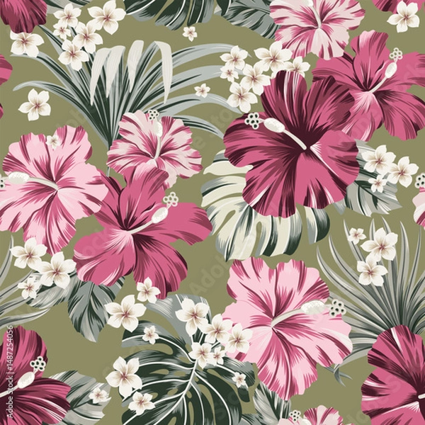 Fototapeta seamless pattern Exotic hawaiian tropical hibiscus flowers and palm on black background  artwork for fabrics, souvenirs, packaging, greeting cards and scrapbooking
