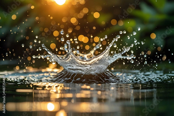 Fototapeta Golden Hour Water Splash: Dynamic Crown Formation with Sunlit Bokeh and Ripples Evoking Freshness, Purity, and the Beauty of Nature's Transient Movement.

