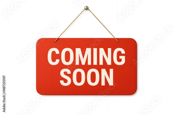 Fototapeta Red "Coming Soon" sign with white text, standing out prominently, isolated on transparent background.