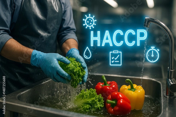 Obraz Washing lettuce and bell peppers under food safety HACCP standards with gloves in industrial sink to ensure hygiene and contamination prevention control