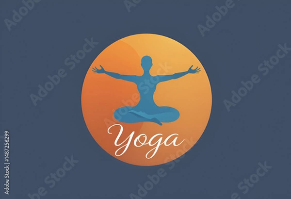 Obraz Harmonious Yoga Studio Logo: Stylized Figure in Balanced Pose within a Split Orange and Blue Circle with Elegant Calligraphic 'Yoga' Text for Wellness and Mindfulness Branding.

