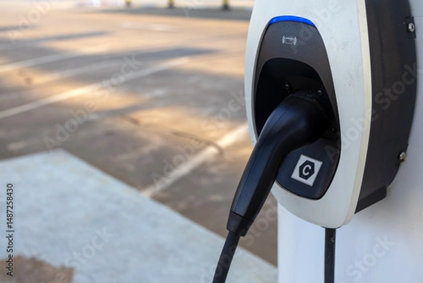 Fototapeta Modern electric vehicle (EV) charger head installed at a designated charging station in an outdoor parking lot, ready for eco-friendly transportation and sustainable energy use.