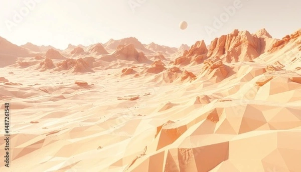 Obraz Low-poly mars landscape, desert planet with canyons and warm lighting