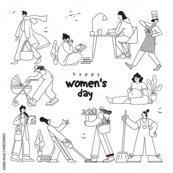 Fototapeta Happy Womens day concept vector Illustration. Womens day set with isolated human characters of Womens line art icon vector set. Flat vector cartoon characters isolated on white background.