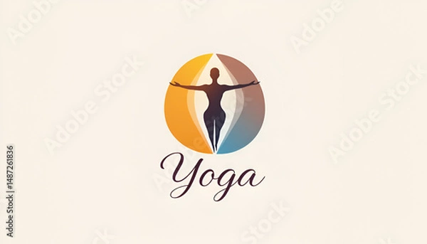 Fototapeta Harmonious Yoga Studio Logo: Stylized Figure in Balanced Pose within a Split Orange and Blue Circle with Elegant Calligraphic 'Yoga' Text for Wellness and Mindfulness Branding.

