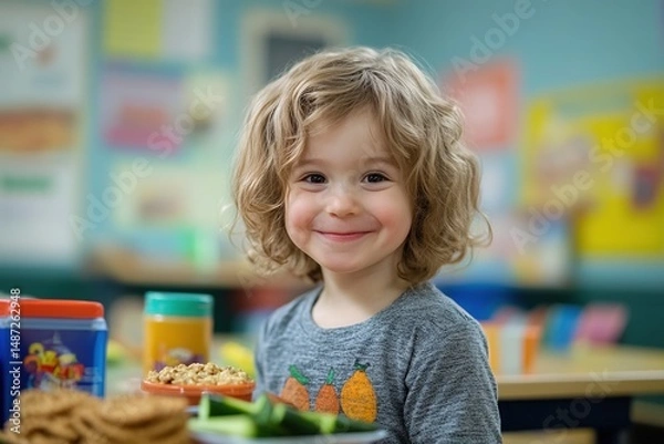 Fototapeta Smiling child at lunch joyfully eating