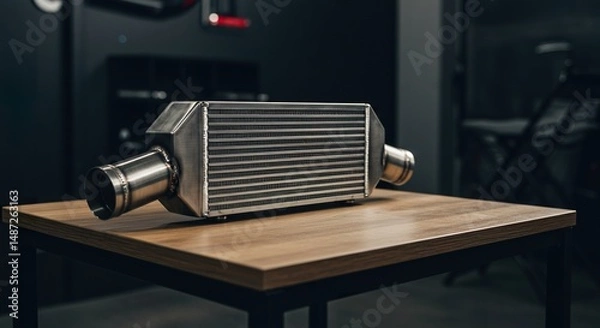 Obraz Exposed intercooler unit resting on dark wooden table, automotive performance upgrade