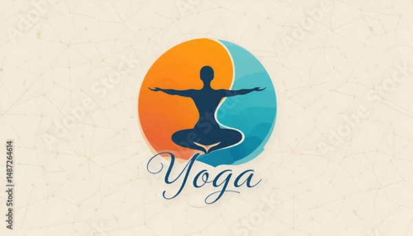 Fototapeta Harmonious Yoga Studio Logo: Stylized Figure in Balanced Pose within a Split Orange and Blue Circle with Elegant Calligraphic 'Yoga' Text for Wellness and Mindfulness Branding.

