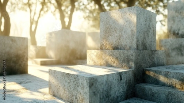 Fototapeta Stone Cubes in a Sunlit Grove: A Minimalist Landscape