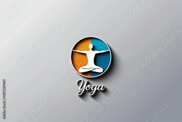 Fototapeta Harmonious Yoga Studio Logo: Stylized Figure in Balanced Pose within a Split Orange and Blue Circle with Elegant Calligraphic 'Yoga' Text for Wellness and Mindfulness Branding.

