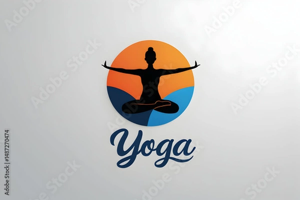 Fototapeta Harmonious Yoga Studio Logo: Stylized Figure in Balanced Pose within a Split Orange and Blue Circle with Elegant Calligraphic 'Yoga' Text for Wellness and Mindfulness Branding.

