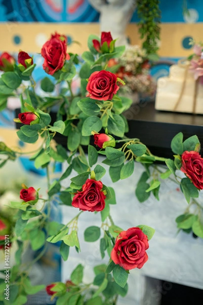 Obraz Red rose flower blooming in rose's garden Decoration in home interior, modern loft style or coffee shop at the cafe