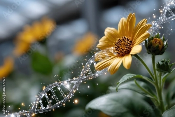 Fototapeta A captivating close-up of a flower intertwined with a digital representation of DNA, highlighting the beauty of genetics and the wonders of botanical science.