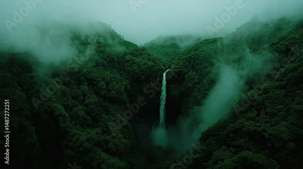 Obraz A dramatic waterfall cascades down lush green mountainous forested terrain