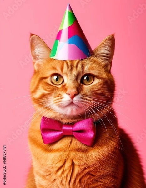 Fototapeta cat in a bow tie and a festive hat.