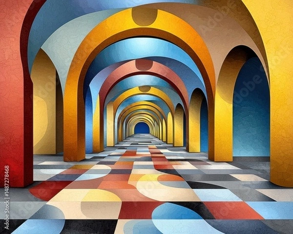 Obraz Abstract Colorful Archway Hallway with Geometric Tiled Floor
