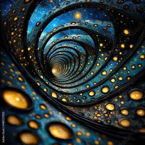 Obraz Abstract Cosmic Tunnel with Blue and Amber Lights in a Starry Sky Illustration