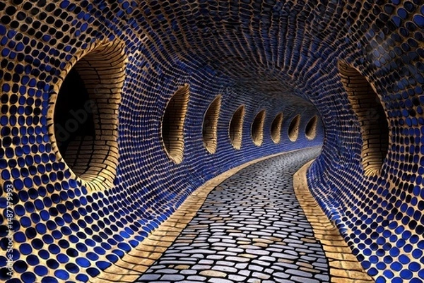 Obraz Abstract Digital Tunnel Winding Cobblestone Path Through Blue and Gold Mosaic Walls