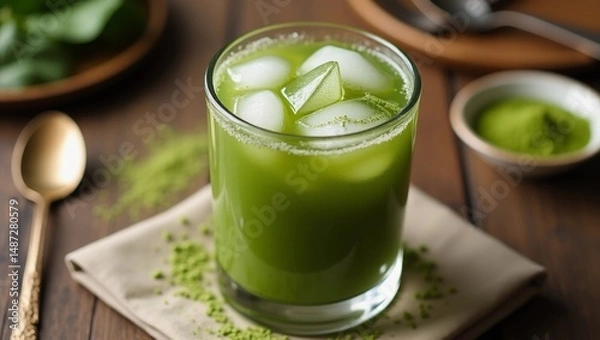 Fototapeta Flatlay, iced matcha drink in a clear glass with ice cubes, condensation on glass, rustic aesthetic. Wooden table background, natural linen napkin, scattered matcha powder, vintage cutlery. 