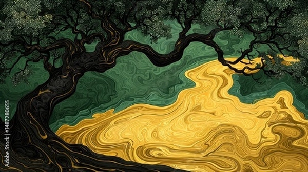 Obraz Abstract Golden Valley Landscape with Dark Tree