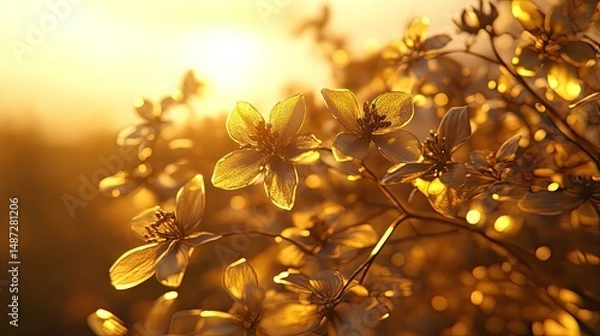 Fototapeta Golden sunset through delicate springtime flowers.