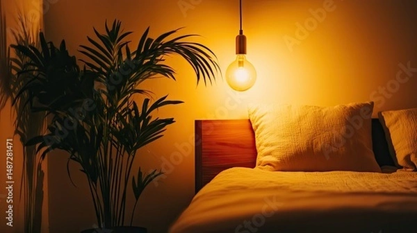 Fototapeta A bedroom illuminated with a warm glow and a potted plant