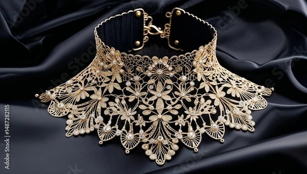 Obraz Vintage accessories filigree choker retro fashion looks on black satin background