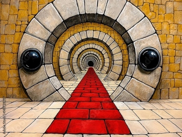 Obraz Abstract Red Brick Path Through Concentric Beige and Yellow Arches