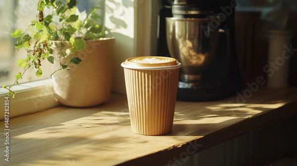 Obraz cup of coffee made of  bamboo isolated on a wooden table aesthetic room background with sunlight from the window