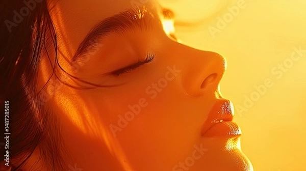 Fototapeta The side profile of a woman in soft and warm lighting