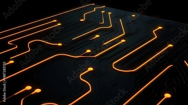 Fototapeta An illuminated circuit board design rendered in a dark environment