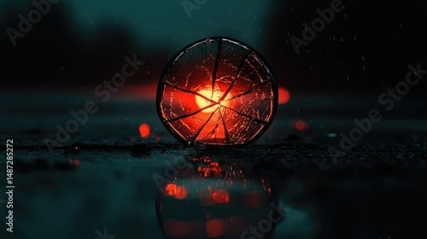 Fototapeta A broken glass sphere illuminated from the inside showing cracks