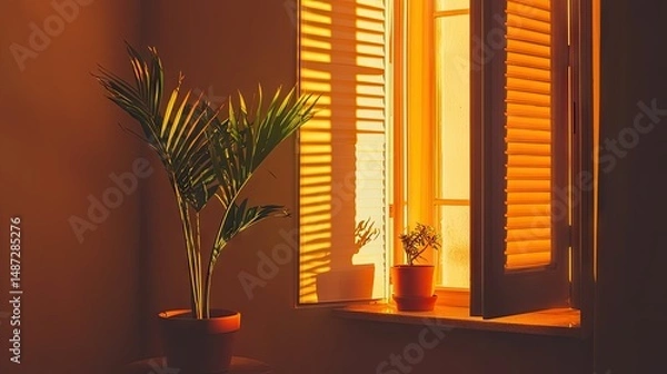 Fototapeta Sunlight streams through window revealing plants and a lovely view